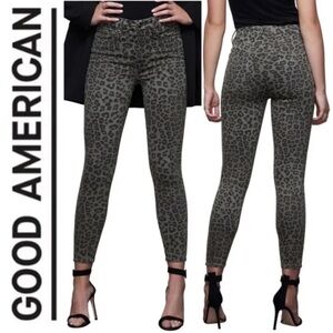 NWT Good American Good Waist Crop Jeans Green Olive Leopard Animal Sz 14 32